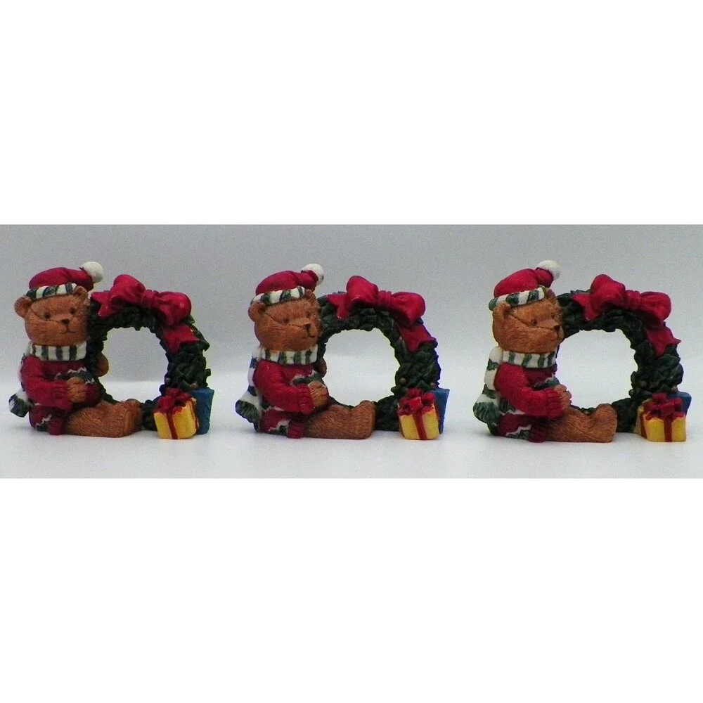 Christmas Teddy Bear in Santa Hat Napkin Rings Resin Wreath Gift Vintage Taiwan